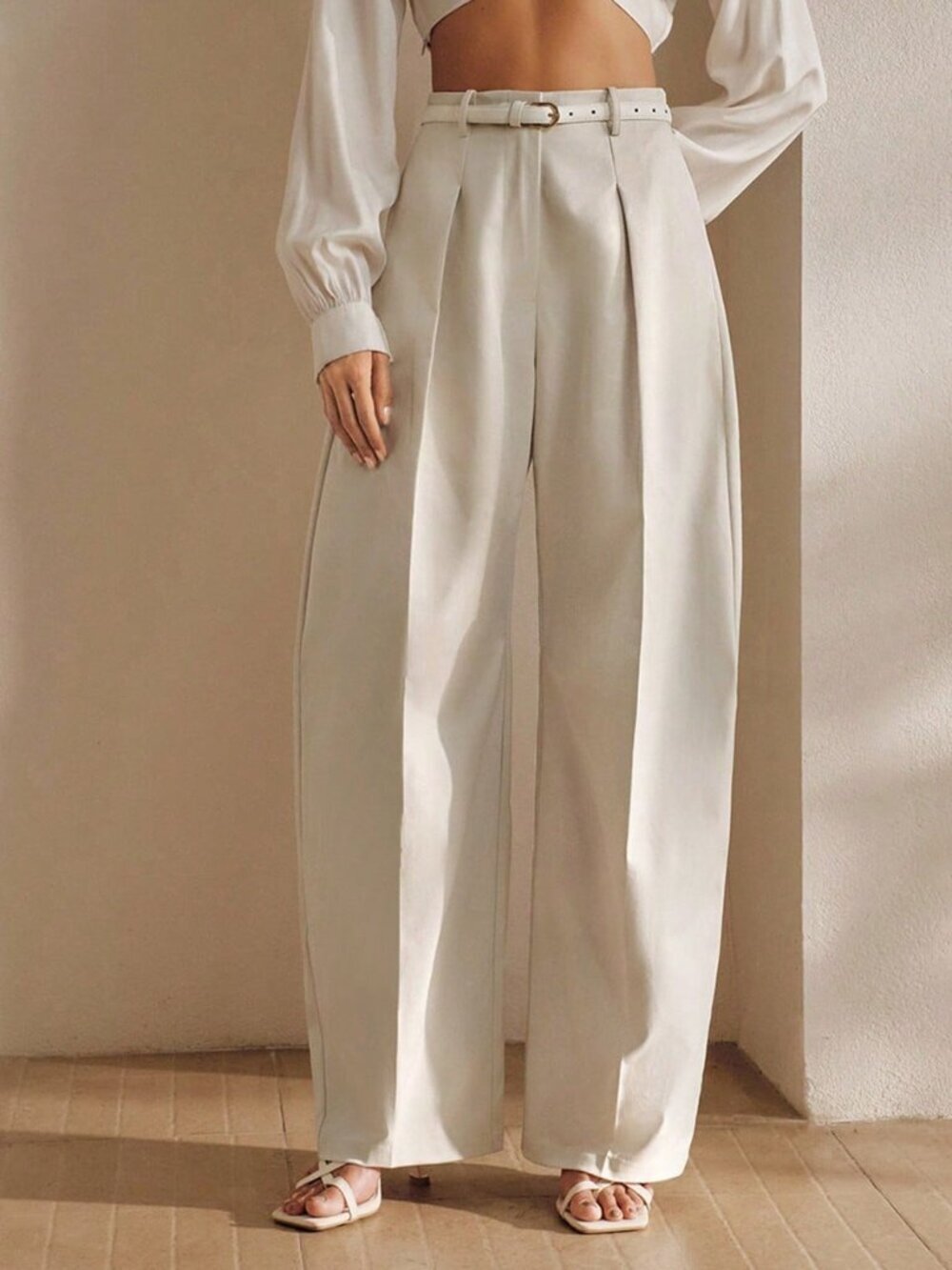Apricot Casual Women's Pleated High Waist Pocket Wide Leg Suit Trousers